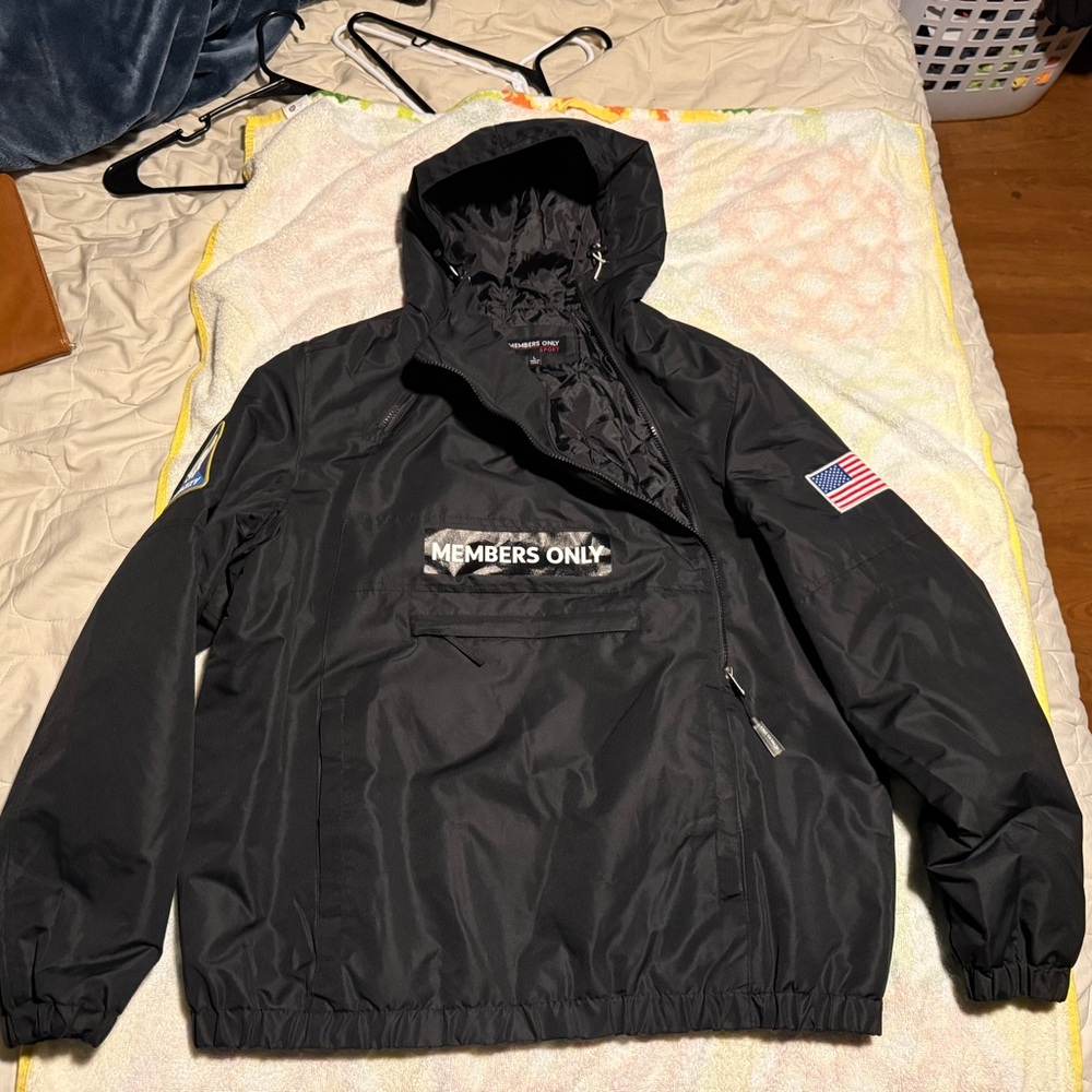 Members Only Black Hooded Jacket with Flag Patch